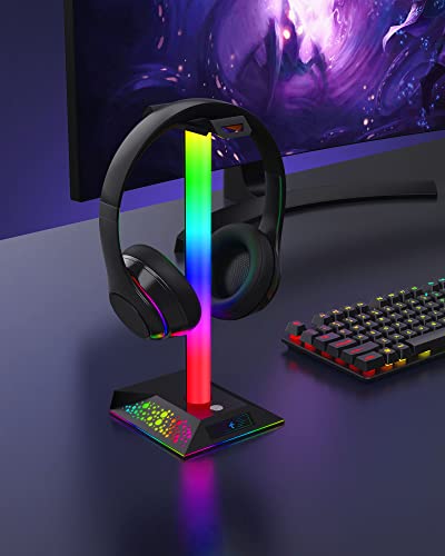 Hcman Porta Cuffie Gaming Accessori RGB LED Supporto Cuffie da Gioco con 2 Porte USB, Stand Cuffie Reggi Cuffie da Scrivania PC Gamer Headset Stand, Nero