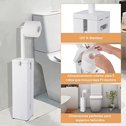 Stoccaggio carta igienica bambù con coperchio-Porta rotoli di carta igienica bianca per bagno-Portaroli carta igienica piede-Supporto carta igienica legno-Organizzatore Porta carta igienica 6 rotoli.