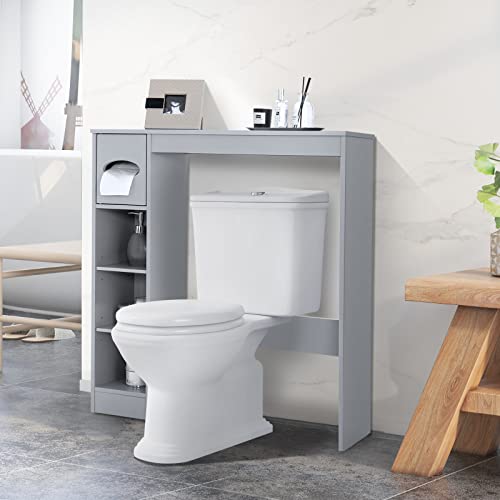 COSTWAY Mobile Sopra WC, Mobiletto Salva Spazio da Bagno Autoportante con Ripiani Regolabili e Porta Carta Igienica, Organizzatore Multifunzionale per Bagno, 75,5x19,5x81,5cm (Grigio)