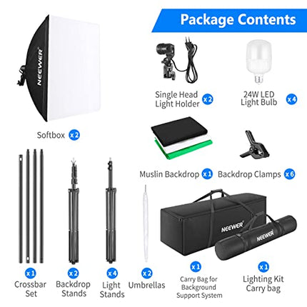 NEEWER Kit di Illuminazione per Fotografia con Supporto per Fondale 2,6x3 m, Lampadine LED 5700K Equivalenti a 800W Ombrello Softbox Illuminazione Continua, Attrezzatura per Prodotti Ritratti