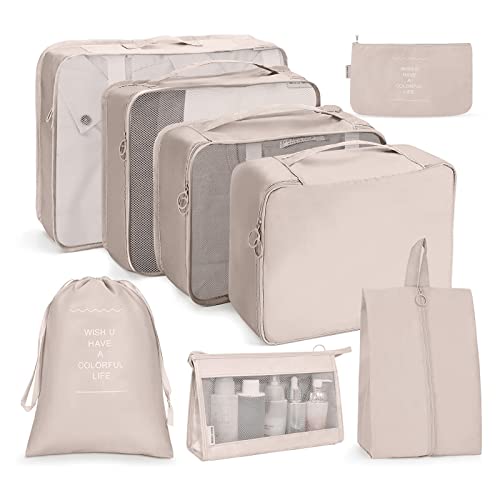 OSDUE Organizer Valigie, 8 Pezzi Sistema di Cubo di Viaggio, Separatori Buste Viaggio Travel Organizer, Abbigliamento Intimo Calzature Organizzatori Sacchi Valigia di Stoccaggio Set (Beige)