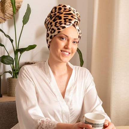 Asciugamano di design lussuoso in raso per capelli - turbante asciugacapelli - Luxury Satin Hair Towel Wrap La Cocona LEOPARD