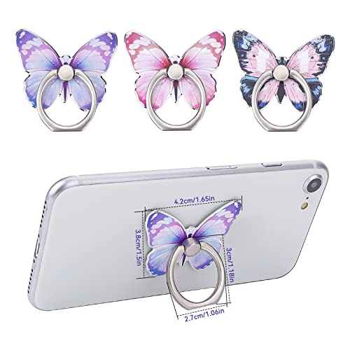 Cobee Supporto per anello per cellulare a farfalla, con motivo a farfalla, in metallo verniciato a forma di farfalla, con rotazione a 360°, impugnatura con manopola (Blu, viola, rosa)