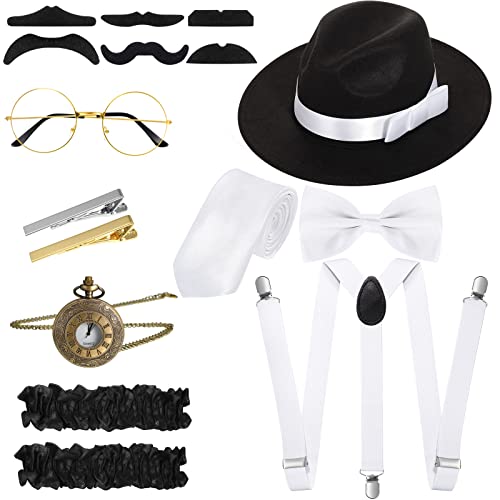 Set Accessori Costumi Uomo Anni '20 Costume da Gangster Retrò, Cappello, Papillon, Orologio, Bretella, Occhiali, Barba, Bracciale Reggicalze, Fermacravatte (Stile Delicato, Nero)