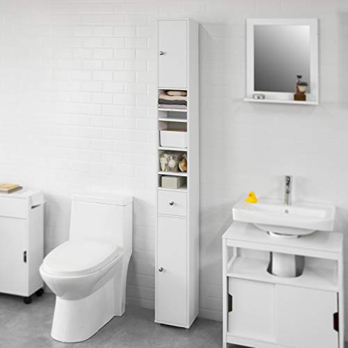 SoBuy Armadio Colonna bagno, Mobile bagno alto con 2 Ante e 1 cassetto altezza: 180 cm BZR34-W IT