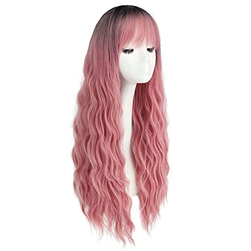 Parrucca rosa con frangia lunga parrucca per donne capelli sintetici uso quotidiano Halloween Cosplay parrucche Onbre rosa DE081C