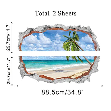 HPNIUB Spiaggia di Palme Adesivo da parete,90x60cm Adesivi da parete Effetto 3d,Adesivi Murali Rotto per Soggiorno,3D Palma Parete Muro,Paesaggio Decalcomanie per Camera da Letto Cameretta Decor