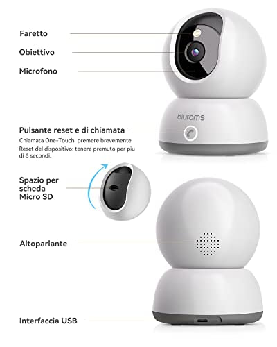 blurams Telecamere Wifi Interne 2K,Videocamera Sorveglianza Interno Wifi,Telecamere per Cani/Casa/Bambini,Visione Notturna a Colori,One-Touch Call,Allarme,Rotazione a 360° (2.4GHz Wi-Fi)