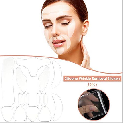 16 cerotti in silicone per viso anti-rughe, per il viso e per il sollevamento di occhi, fronte, collo, petto, rughe e strisce adesive per rimuovere la pelle, per donne e ragazze