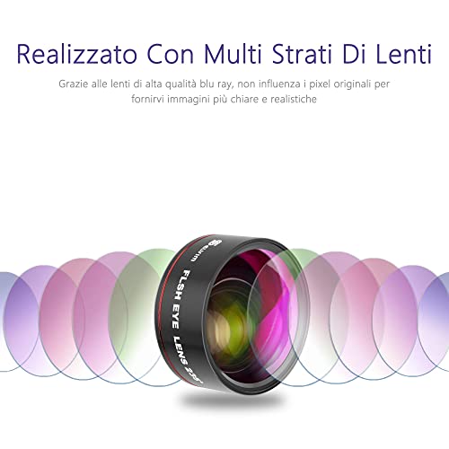 Selvim Kit Obbiettivi Smartphone, Versione Aggiornata con Lenti Blu-Ray Per Migliore Risoluzione, Obbiettivo Macro 25x, Grandangolare 0.62X, Fisheye 235, Teleobbiettivo 22x, Compatibilità Universale.