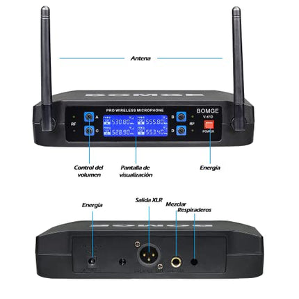 BOMGE Sistema di microfoni wireless, Pro 4 canali cordless set con quattro microfoni portatili, frequenza fissa, lunga autonomia 60 m, ideale per chiesa, karaoke, eventi