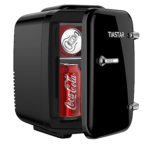 Tiastar Mini Frigo Portatile, 4 Litri /6 Lattine di Bevande e Cura Della Pelle Mini Frigorifero per Camera da Letto, Auto, Scrivania dell'ufficio, Due Marce - Raffreddatore e Scaldino (Nero)