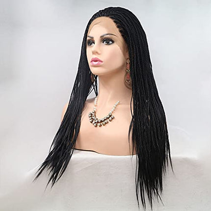 Karissa - Parrucca intrecciata nera con pizzo frontale in fibra sintetica senza colla, resistente al calore, senza nodi intrecciati, per donne nere