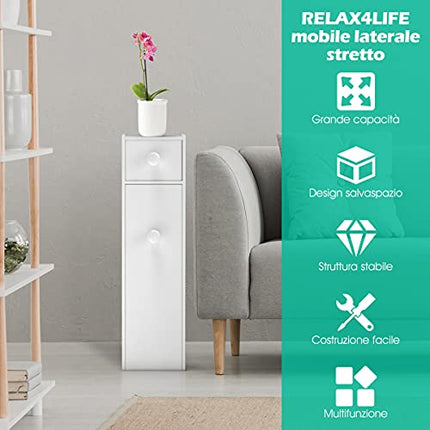 RELAX4LIFE Armadietto Salvaspazio da Bagno con Cassetti, Mobiletto Sottile per Gabinetto in Legno, Armadietto Laterale da Terra, Armadietto Versatile, 58 x 48,5 x 16 cm (Bianco)