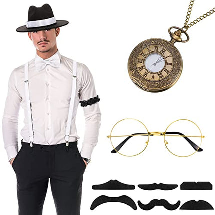 Set Accessori Costumi Uomo Anni '20 Costume da Gangster Retrò, Cappello, Papillon, Orologio, Bretella, Occhiali, Barba, Bracciale Reggicalze, Fermacravatte (Stile Delicato, Nero)