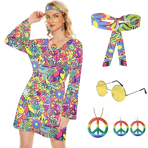 Ulikey 5 Pezzi Costume da Hippie Donna, Costume Carnevale Donna Anni 70, Vestiti, Fascia, Collana, Orecchini, Occhiali Vintage, Accessorio Donna Costume di Halloween Carnevale Festa (XXL)