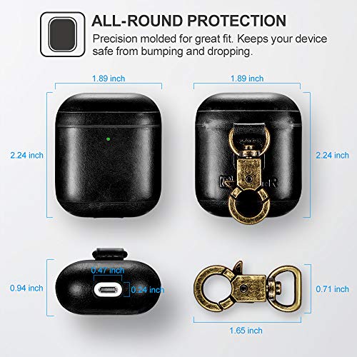 Custodia AirPods, Icarer Vera Pelle Antiurto Portatile Ultra Leggero Protettiva Cover Custodia in Pelle con Portachiavi per Apple AirPods 1&2 (LED anteriore Visibile) Ricarica Case (Nero)