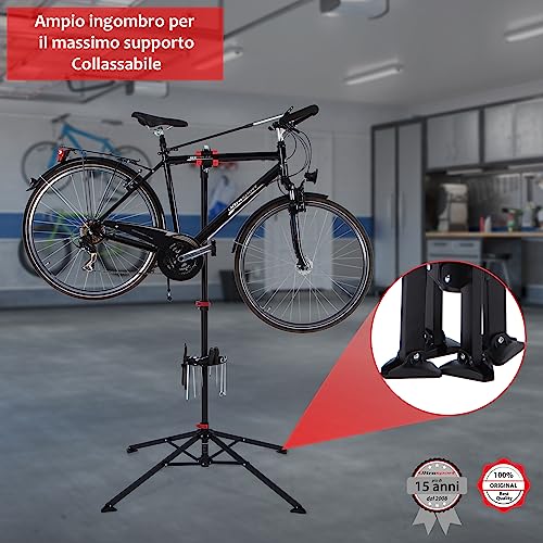 Ultrasport Cavalletto Biciclette, per mountain bike e tutti tipi biciclette a 30 kg, incl. portautensili scomparto magnetico, girevole 360°, sgancio rapido adatto alla vernice, Nero/Rosso