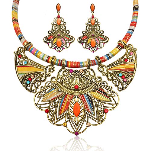 Etnica Multicolore Collana Orecchini Etnico Collana Bavaglino Set Collana e Orecchini Boho Gioielli Etnici per Donne, Stile Vintage