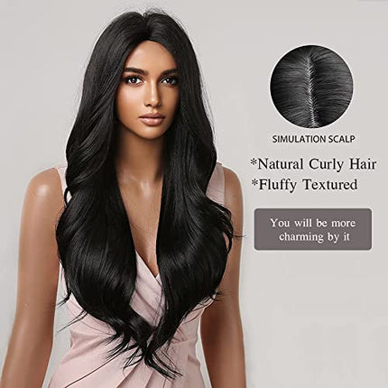Esmee Parrucche Lunghe Ondulate Nere per le Donne Natuaral Capelli Sintetici Resistenti al Calore Parrucca per Uso Quotidiano Cosplay Party