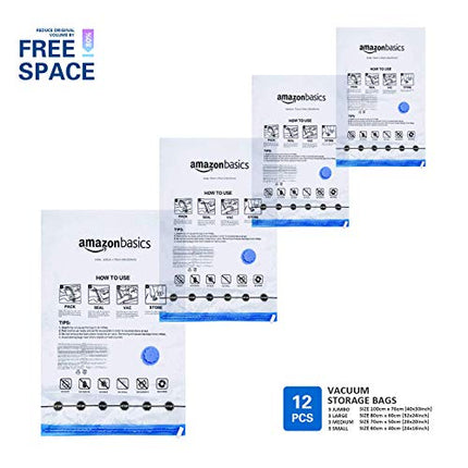 Amazon Basics Sacchetti sottovuoto con pompa a mano, Multiple confezione da 12 (3 jumbo, 3 grandi, 3 medi, 3 piccoli)