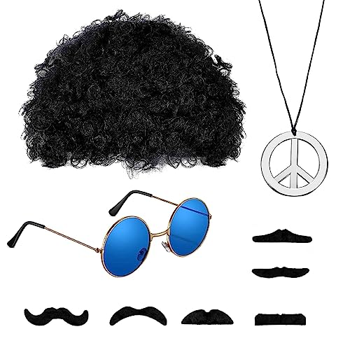 UYUYong Hippie Costume Set Retro Hippie Disguise Uomo Donna 70s 80s Hippie Afro Fashion Parrucca Occhiali da sole Catena della Pace Barba per Moda Party Tema Carnevale