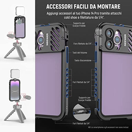 NEEWER Gabbia Video per iPhone 14 Pro Max con Slitte Fredde, Attacco per Treppiede da 1/4", Stabilizzatore per Smartphone in Alluminio per Telefoni Compatibile on Attacco per Obiettivo Moment, PA011