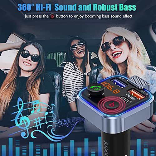 LENCENT Trasmettitore FM Bluetooth Auto, Adattatore Radio Auto con Bassi Profondi & Hi-Fi Lossless, Ricarica Rapida PD 20W+QC3.0, Chiamata Vivavoce, Lettore Musicale, Chiavetta USB, Luce Blu Sfumata