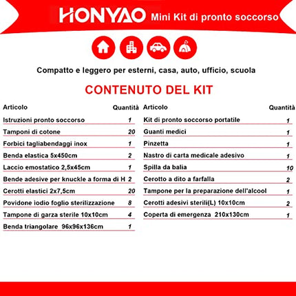 HONYAO Kit di Pronto Soccorso Portatile 90 Pezzi, Mini Borsa per Casa Auto Viaggio Moto All'aperto Trekking e Campeggio