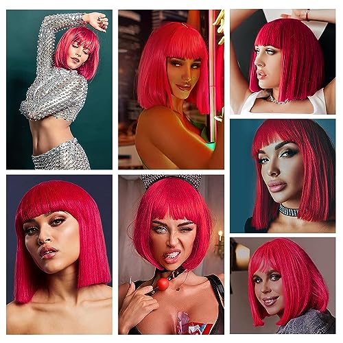 Parrucca rossa Bob con frangia, parrucca corta per donne sintetiche per uso quotidiano Halloween Cosplay parrucche rosso chiaro DE082G