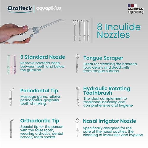 Aquapik 100, Irrigatore Dentale e Nasale Professionale. Include 8 ugelli multifunzione. 10 livelli di potenza. Capacità 600 ml. Consigliato dai dentisti. Family Water Flosser (Irrigatore)