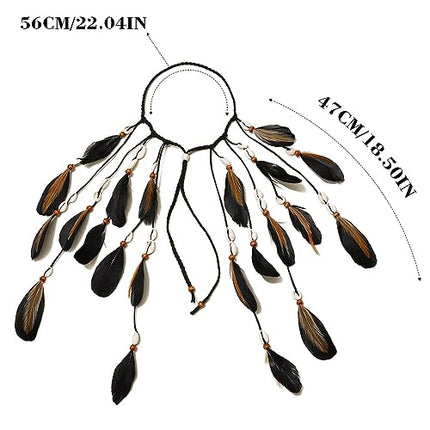 Fashband Fascia per capelli con piume indiane, stile bohémien, hippie, copricapo tribale nero con perline, accessorio per capelli per donne e ragazze