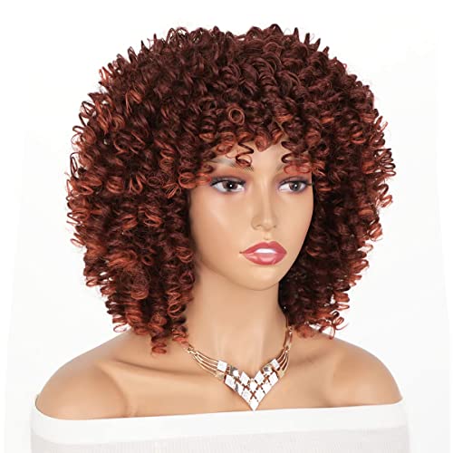 Colorfulpanda Parrucca Afro Riccia per Donne Nere Ombre Arancia Kinky Curly Bob Parrucca crespi capelli sintetici naturali di media lunghezza per costume o uso quotidiano,Colore Misto Rame Rosso