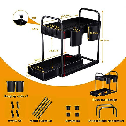 Organizer Sottolavello Cucina 2 Livelli, Organizzatore Sotto il Lavandino con 2 Maniglie, Scorrevole Scaffale Portaoggetti con 4 Ganci e 2 Tazza Appesa, Estraibile Cassetti per Bagno (Nero-2Pezzi)