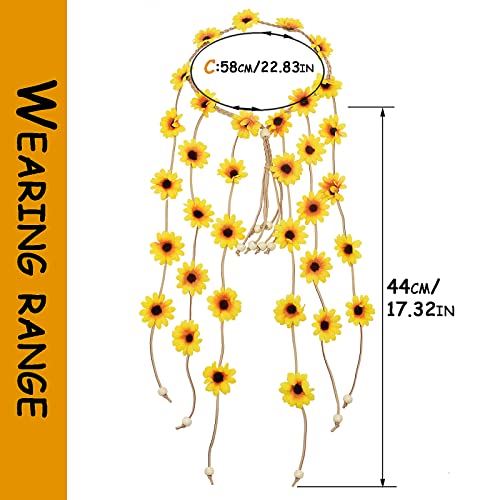 Accessori per Capelli di Girasole, Fascia per Capelli Hippie Ghirlanda Floreale Boho con perline Loop regolabile per ragazze donne bambini matrimonio viaggio partito Haarband mit gelben Gänseblümchen