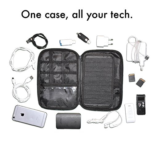 Nomalite Organizzatore per Cavi da Viaggio Custodia Nera per Cavi, caricabatteria e Accessori elettronici con 5 Tasche, 20 Elastici & 3 Aperture per SIM Card/USB. Ideale per Escursioni/Lavoro.