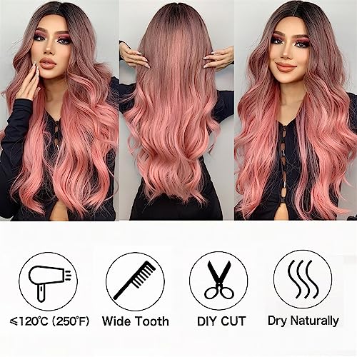 Parrucca da Donna Onda del corpo lunga Ombre Nero Rosa Parrucche Cosplay Parrucche sintetiche resistenti al calore Parte centrale Parrucche Lolita naturali for donna Parrucche wig