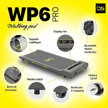 IDS Tapis Roulant Elettrico WP6 PRO Slim Salvaspazio, Telecomando da Polso Orologio Bluetooth (per mani sempre libere), 6 Programmi, Tappeto Antiscivolo e Pannello multistrato, Sicuro e Silenzioso