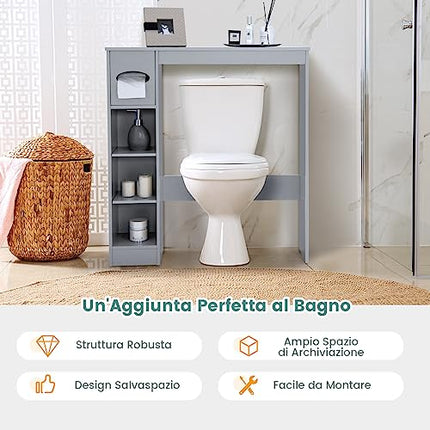 COSTWAY Mobile Sopra WC, Mobiletto Salva Spazio da Bagno Autoportante con Ripiani Regolabili e Porta Carta Igienica, Organizzatore Multifunzionale per Bagno, 75,5x19,5x81,5cm (Grigio)
