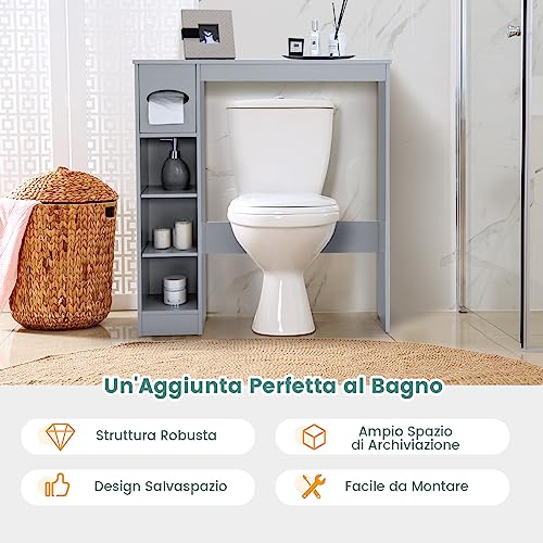 COSTWAY Mobile Sopra WC, Mobiletto Salva Spazio da Bagno Autoportante con Ripiani Regolabili e Porta Carta Igienica, Organizzatore Multifunzionale per Bagno, 75,5x19,5x81,5cm (Grigio)