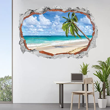 HPNIUB Spiaggia di Palme Adesivo da parete,90x60cm Adesivi da parete Effetto 3d,Adesivi Murali Rotto per Soggiorno,3D Palma Parete Muro,Paesaggio Decalcomanie per Camera da Letto Cameretta Decor
