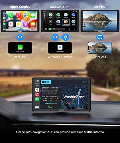 Spedal NaviCam 796W Wireless Apple Carplay & Android Auto, autoradio portatile con touchscreen IPS da 7 pollici, telecamera esterna, vivavoce Bluetooth con WiFi, AirPlay, trasmettitore AUX/FM 12-48V