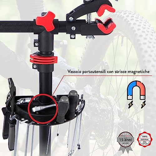 Ultrasport Cavalletto Biciclette, per mountain bike e tutti tipi biciclette a 30 kg, incl. portautensili scomparto magnetico, girevole 360°, sgancio rapido adatto alla vernice, Nero/Rosso