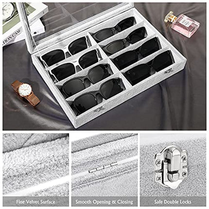 Emibele Scatola per Occhiali con Coperchio 8 Scomparti in Velluto, Espositore per Occhieli da Sole Contenitore Organizzatore Vassoio Portagioie con 8 Griglie e Divisori Interni Staccabili - Grigio