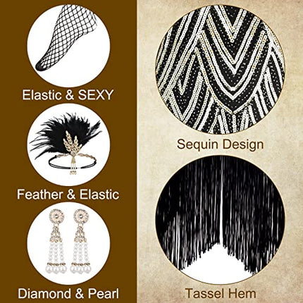 PLULON Abito Gatsby anni '20 con paillettes e frange e frange con set di accessori anni '20 Costumi ruggenti anni '20 Fascia per capelli Collana Guanti per donna
