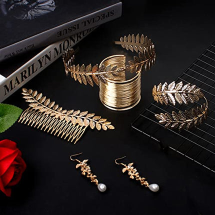 5 Pezzi Corona Della Dea Oro, Foglia Corona Capelli Accessori da sposa, Dea Greca Costume Accessori Braccialetto Orecchini Copricapo per Donne in Festa di Nozze Uso Quotidiano di Halloween