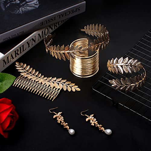 Nswayy 5 Pezzi Corona Della Dea Oro, Foglia Corona Capelli Accessori da sposa, Dea Greca Costume Accessori Braccialetto Orecchini Copricapo per Donne in Festa di Nozze Uso Quotidiano di Halloween