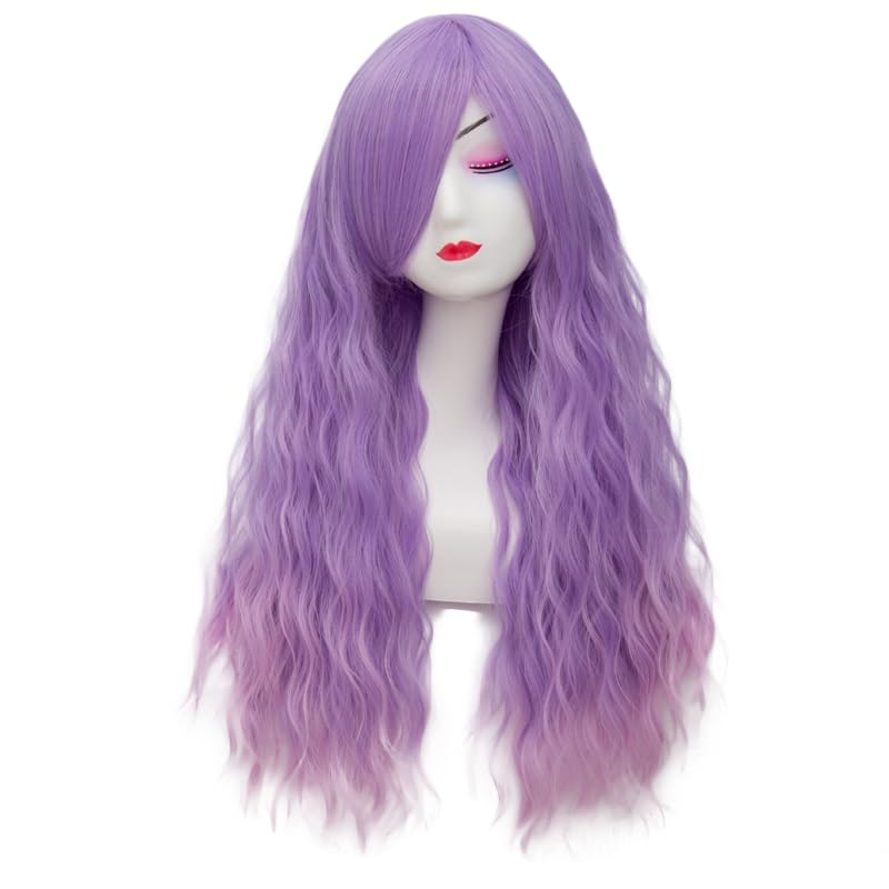 Parrucca viola con frangia lunga parrucca per donne capelli sintetici uso quotidiano Halloween Cosplay parrucche viola con rosa DE081B