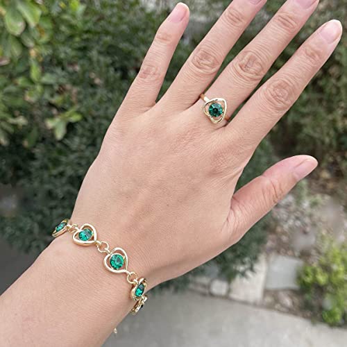 Prosy Cuore-A Forma di Cristallo Collana Oro Argento Orecchini Bracciale Anello Set Moda Amore Cuore Pendente Choker Collane Gioielli per le Donne e Ragazze (Verde)