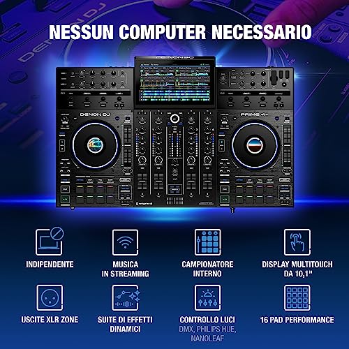 Denon DJ PRIME 4+ Controller indipendente a 4 deck per DJ con streaming Wi-Fi, Drop Sampler, schermo touch da 10,1", controllo luci ed effetti